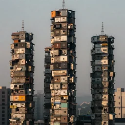 suspended high towers densely packed with makeshift squatter shacks with faded colours, plain uniform sky at the back, misty, mamiya, ultra sharp, very detailed, photographed by julie blackmon