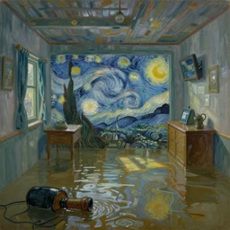 oil painting of a flooded ship interior, light scatter, van gogh
