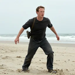 Movie still of Mark Zuckerberg storming Omaha Beach in Saving Private Ryan, establishing shot