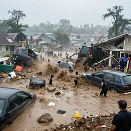 a disaster biblical mudslide with crowds drowning and people being swept away and crashing into floating cars and floating debris, destroyed houses, big pieces of rock, mud, containers and trash everywhere, spilled oil, katrina, reporter, live footage, wide angle view, photographic, 3 5 mm lens, heavy rain, rainy day