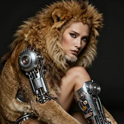 beauty woman wrapped in a lions fur, posing seductively, very detailed, dramatic lighting, mechanical details, electrical details, high details, 4k, 8k, trending on artstation, by Hajime Sorayama and Boris Vallejo