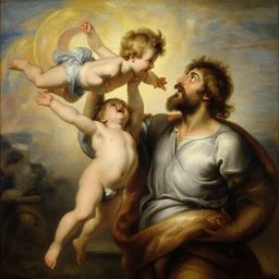 huge son holding outstretched arms his little bearded father saturn in the air to eat him, details, artistic composition, golden ratio, soft light, warm colors, painting, artist's painting, beautifully drawn, depth of field, painting by francisco goya