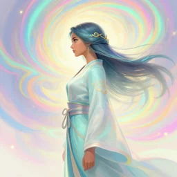 side view profile portrait of maya ali as a wind sorcerer, dota 2, robes, elegant, concept art, smooth, psychedelic, colorful swirly magic ripples, pastel colors, by huang guangjian, sachin teng, greg rutkowski, jesper ejsing, ilya kuvshinov, artgerm, mucha