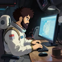 a spaceship male pilot with a black beard working on a computer, painting by Craig Mullins, octane rendering, wide angle lens, in the style of Hayao Miyazaki, trending on artstation, extreme contrast