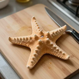 a photo of a starfish, with human face, with a horrified expression, as it lays on a cutting board with a nearby knife in a kitchen.