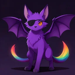 a purple wolfbat fursona with an eyepatch and a rainbow tail, in a noir style