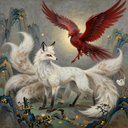 beautiful painting inspired by the mythical beast mixed with a dark red seraphim in the classics chinse book, neo classical aesthetic 山 海 经, animal concept design : 九 尾 狐, 麒 麟, high detail, religion light, grey blue and gold and dark green and white scheme, by emil melmoth, craig mullins, greg rutkowski, fenghua zhong, pete morbacher, ultra detailed