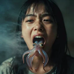 realistic portrait photography of woman 3 5 years old mouth open by daikichi amano, eels worms squid coming out of the mouth, cinematographic, cinematic light, grainy image, intense, a bit of smoke and fog around, filth and grim, close up view, 8 0 mm lens,