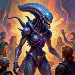 a psychedelic portrait of omin dran exoskeleton mind flayer psion talking with crew, vibrant color scheme, highly detailed, in the style of romanticism, cinematic, artstation, moebius, greg rutkowski