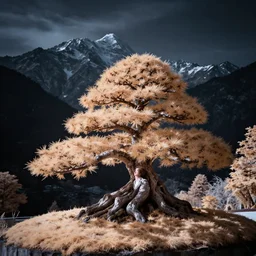 award winning infrared photography of andy lee, manicured bonsai tree with alpine mountains in background, moody, dramatic lighting, volumetric lighting, rule of thirds, long exposure