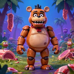akihito tsukushi hyper realistic high resolution 4 k freddy fazbear made in abyss design fat cute pepe's design body a field of cool colors shading, paradise, meat butchery, scott cawthon animatronic five nights at freddy's art in the style of akihito tsukushi