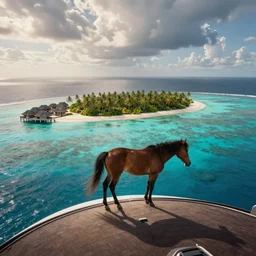 a horse got on top of the roof of a plane, and flies it to the maldives, the islands, style of photorealism,