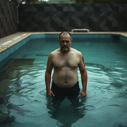 film still of shaved viktor orban standing in a dirty empty swimming pool in a scene from tv series narcos, hd, 4 k