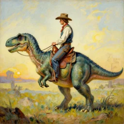 a painting of a cowboy riding a dinosaur in the style of n. c. wyeth and in the style of james gurney.