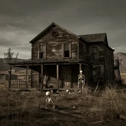 red dead redemption style ghost town, skeletal remains, eerie