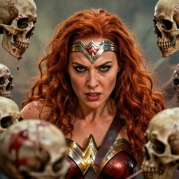 still from wonder woman of a head and shoulders action photo, human female barbarian, red hair, frenzy, blood and skulls, d & d, high fantasy, facial detail, extremely detailed
