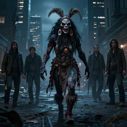 terrifying indigenous skinwalker wandering around toronto city, night. designed by eytan zana and balazs agoston, jad saber, aaron limonick, pablo dominguez and florent lebrun and robby johnson, unreal engine 5, denis villeneuve