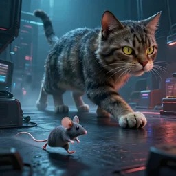 a mouse!! | running away from | a big cat!! | by mark ryden in cyberpunk environment, 4 k ultra high resolution, horror, long camera shot