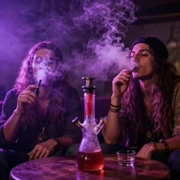 hippies smoking purple smoke from bong