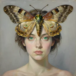 a painting of a woman with green eyes and ornate moth wings for hair a surrealist painting by Tom Bagshaw, featured on cgsociety, pop surrealism, surrealist, wiccan, pre-raphaelite