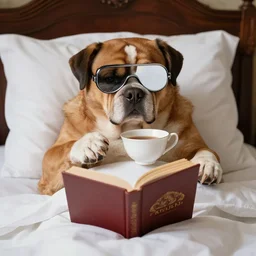 funny meme image of a rich british dog in bed wearing a monocle and drinking tea while reading