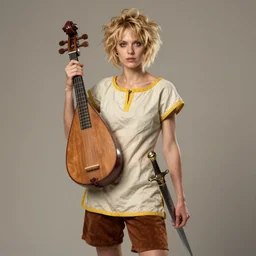 fantasy character, photograph. female bard 1 9. pretty face, julia garner, pale skin, shortish sandy - blonde hair, messy curls. petite, ectomorphic, wiry. offwhite, shortsleeved tunic yellow trim, kneelength brown shorts. fancy cittern, fancy dagger. hot mess, extremely charismatic.