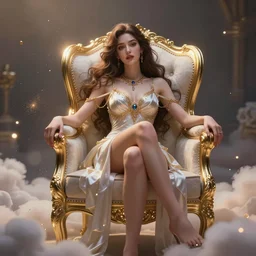 a beautiful female goddess of chairs character, character is in all its glory, character is in her natural relaxed pose, rim lights, particles and dust in the air, fancy clouds, highly detailed professional photo, dynamic lights, particles are flying, depth of field, trending on artstation, illustration, hyper realistic, vray caustics, super detailed, colorful accents, cinematic shot