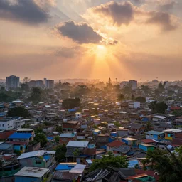 beautiful landscape painting of the slums of tondo manila, sunrise, god's rays highly detailed, vivid color, cinematic lighting, perfect composition, 8 k, gustave dore, derek zabrocki, greg rutkowski, belsinski, octane render