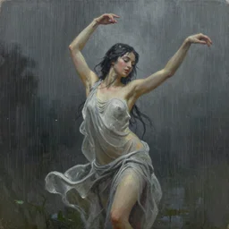 painting of a beautiful goddess, dancing in the rain, by Jeremy Mann, detailed, stylized, loose brush strokes, intricate, realistic, exaggerated lighting, sense of scale, free, melancholy