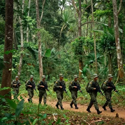 wide shot, a squad of American Soldiers patrolling deep in the thick, Vietnamese forest, painting, colored