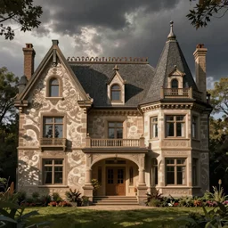 a large mansion with many windows folk art style