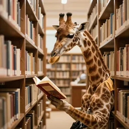 giraffe reading book in library