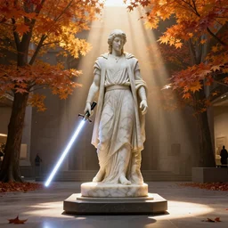 a long wide shot of a marble - statue of a marble - jedi with a marble - lightsaber on a base in a gallery, god - rays, dramatic light, global illumination, radiant light, unreal 5, daz, hyperrealistic, octane render, dynamic lighting, intricate detail, harvest fall vibrancy, cinematic