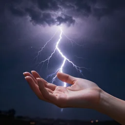 hyper realistic lightning storm in a beautiful girl's hand. higly detailed, complex, unreal engine 5.