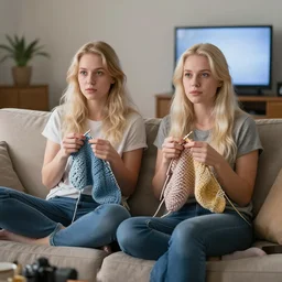 two white females sitting on a couch knitting watching tv photorealistic, canon 5 d digital