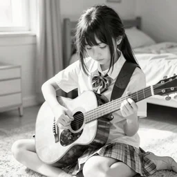 a cute school girl is playing guitar on bedroom floor in detailed manga line drawing style squareenix trending on pixiv skeb deviantart realistic hd