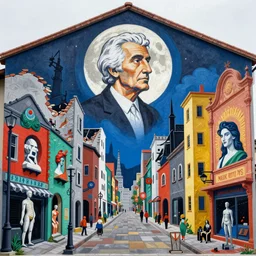 colorful mural of old white - headed man under the huge moon on a street of ruined city by beksinski and takato yamamoto and austin osman spare and edward hopper and mark ryden and tsutomu nihei, very coherent, baroque elements, perfect anatomy, intricate design