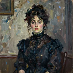 woman on a victorian style bad old deteriorating walls in the background in the style of lucian freud, painting, dark, brush strokes