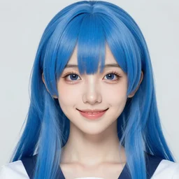 Beautiful girl, blue hair, symmetrically, smiling, pixiv, artist WLOP artstation, artist Mam BA artstation, real photo, very detailed, realistic proportions, knowledge of anatomy, anatomy for beginners, true proportions of the face