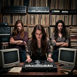 angry women guarding a wall of records, synthesizers, turntables, vhs tapes, old books and computers, dark, realistic, intimidating