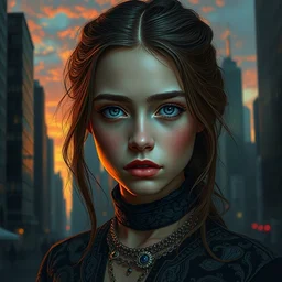 portrait of a beautiful girl, new york backdrop, sad, sunset shades, beautiful face, rule of thirds, intricate outfit, spotlight, by greg rutkowski, by jeremy mann, by francoise nielly, by van gogh, digital painting