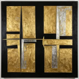 symmetrical, award - winning painting, abstract, gold and silver shapes, rectangles, geometry, elegant, luxurious, beautiful, pitch black background, dali
