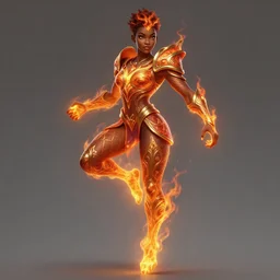 a highly detailed illustration of attractive young african fire god with short hair, flaming feet and hands, heroic jumping pose, intricate, elegant, highly detailed, centered, digital painting, artstation, concept art, smooth, sharp focus, league of legends concept art, wlop
