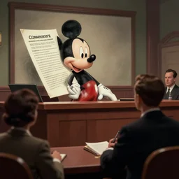 courtroom sketch of vintage disney character mickey mouse presenting evidence of copyright infringement before the judge serious dark tone