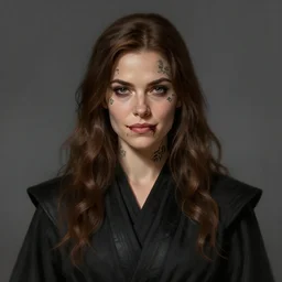 portrait of an woman by Greg Rutkowski, she is about 20 years old, pretty, long brown wavy hair, blackout tattoos on her face, scar near her mouth that makes her look like she's smiling all the time, wearing black sith robes, Star Wars Expanded Universe, highly detailed portrait, digital painting, artstation, concept art, smooth, sharp foccus ilustration, Artstation HQ