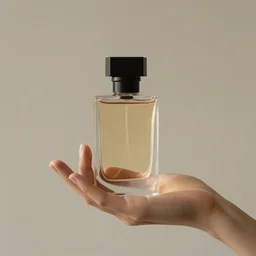 feminine hand holding a perfume vase