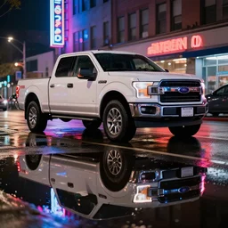 a ford f150 parked on a rainy city street, reflected in a puddle, neon lights, night time, beautiful lighting, photo