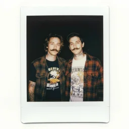 polaroid picture of 2 0 1 0 s hipster moustache wannabe lumberjack with tatsuya isaka t - shirt and plaid jacket