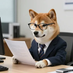 photo of a shiba inu dog in a suit and glasses reading a document at a desk in his office. Highly detailed 8k. Intricate.