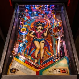 pinball machine backglass of an cartoon occult vixens